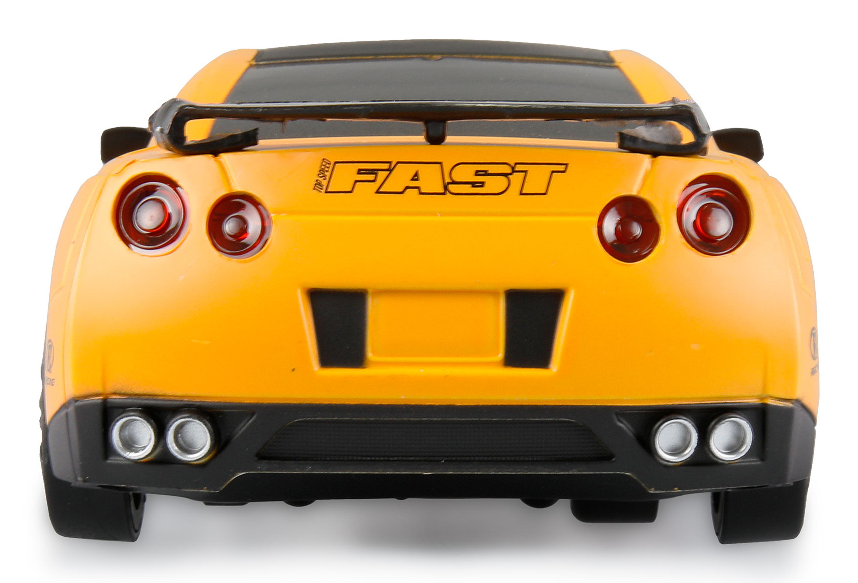 Rückansicht eines gelben Spielzeugautos mit "FAST"-Aufschrift und zwei Auspuffen.