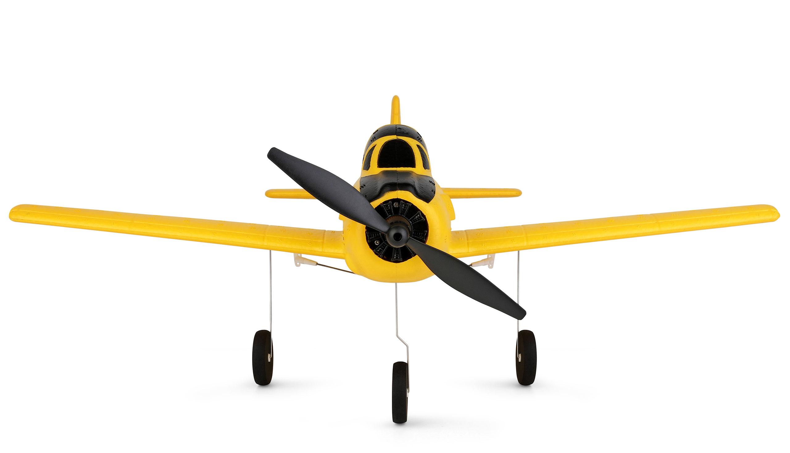 Avión de hélice amarillo con detalles negros y tren de aterrizaje sobre fondo blanco.