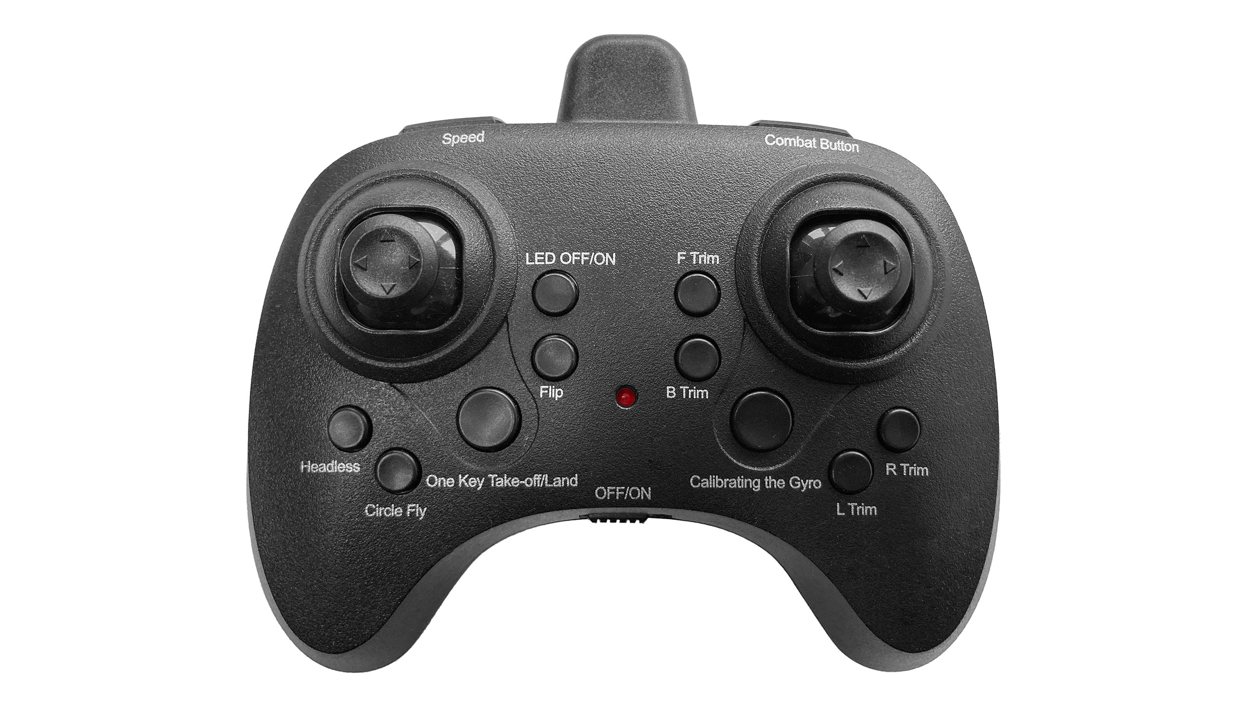 Schwarzer ferngesteuerter Controller mit Joysticks und Knöpfen.