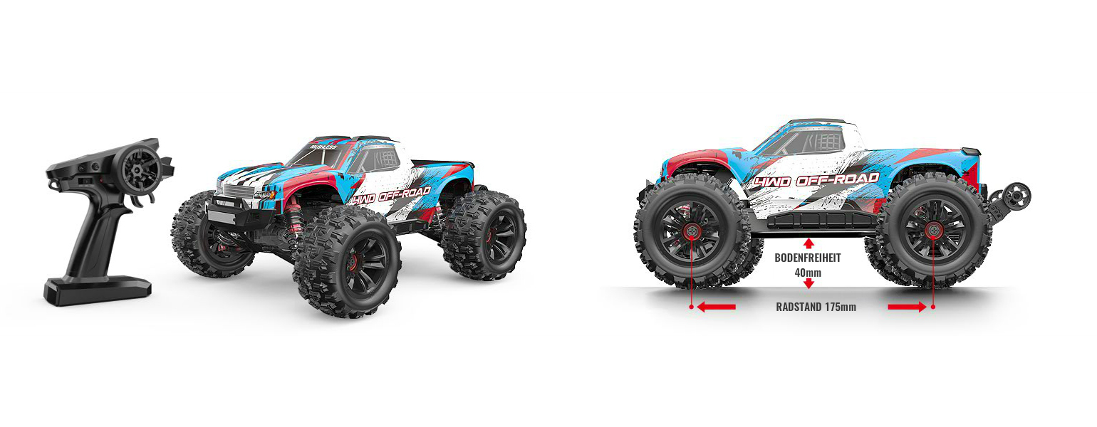 Un monster truck a control remoto con mando y marcas de dimensiones.