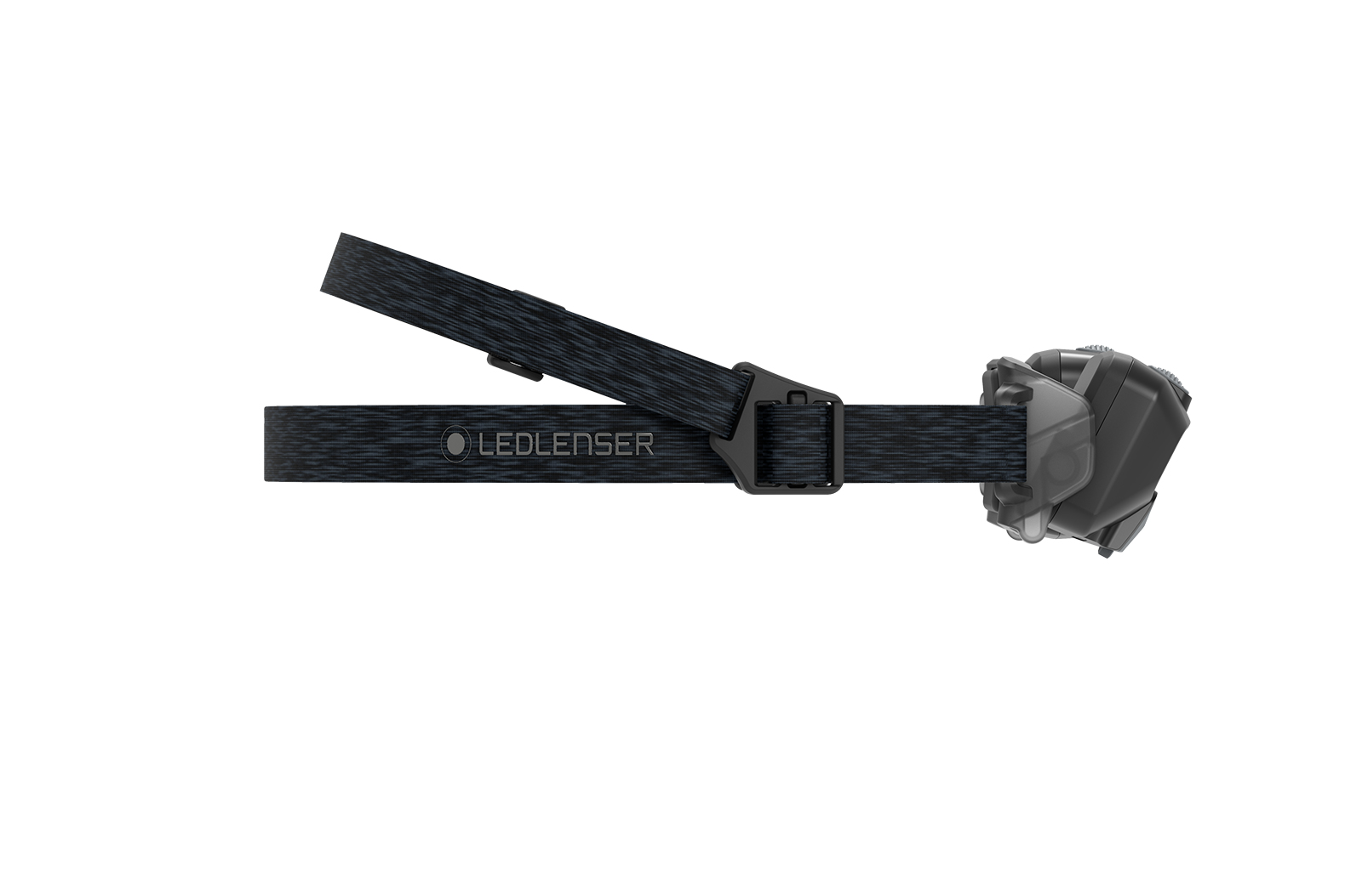 Schwarzes Stirnband mit LEDLENSER-Logo und einer grauen Lampeneinheit.
