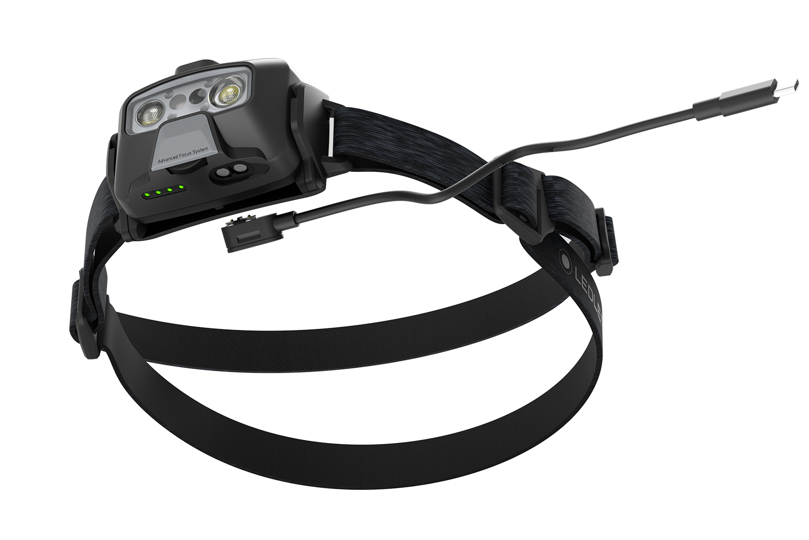 Schwarze Stirnlampe mit verstellbarem Band und USB-Ladekabel.