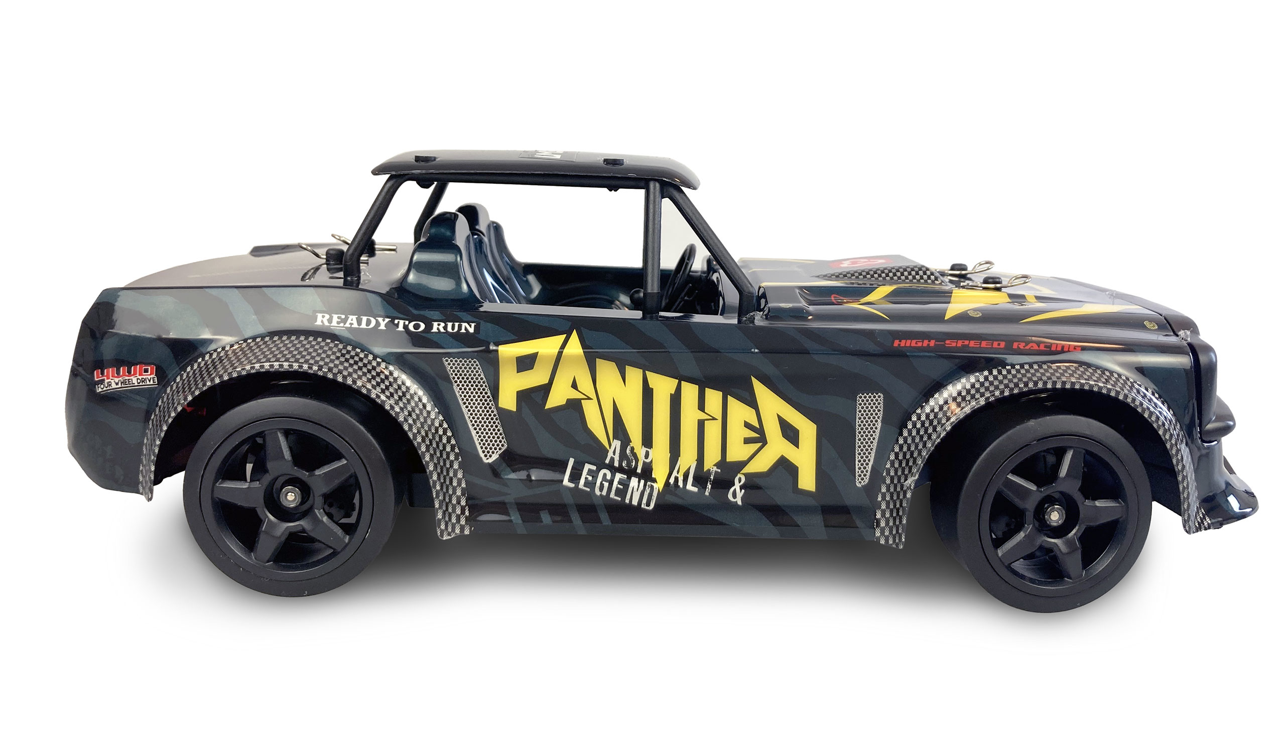 Un coche teledirigido negro con patrón de camuflaje, texto amarillo "Panther" y ruedas negras.