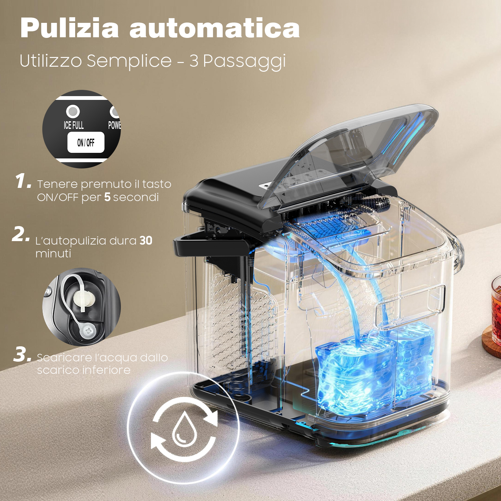 Pulitore automatico con liquido blu che scorre nei cubetti di ghiaccio.