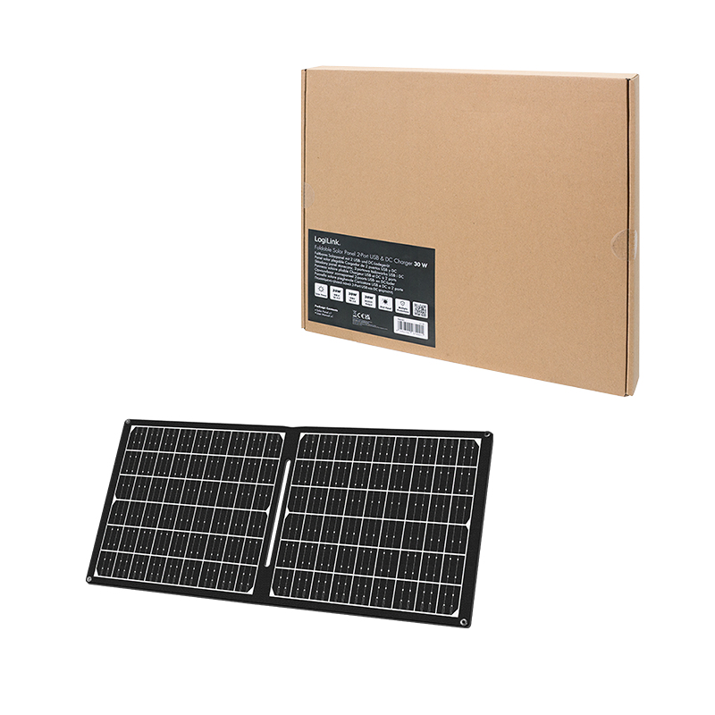 Braunes Kartonpaket über einem zusammenklappbaren Solarpanel mit zwei USB-Anschlüssen.