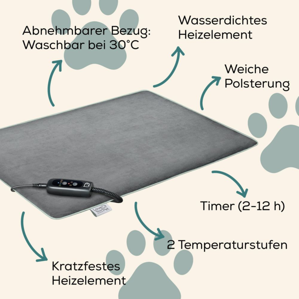 Graues Haustier-Heizkissen mit abnehmbarem Bezug, Timer und 2 Stufen.