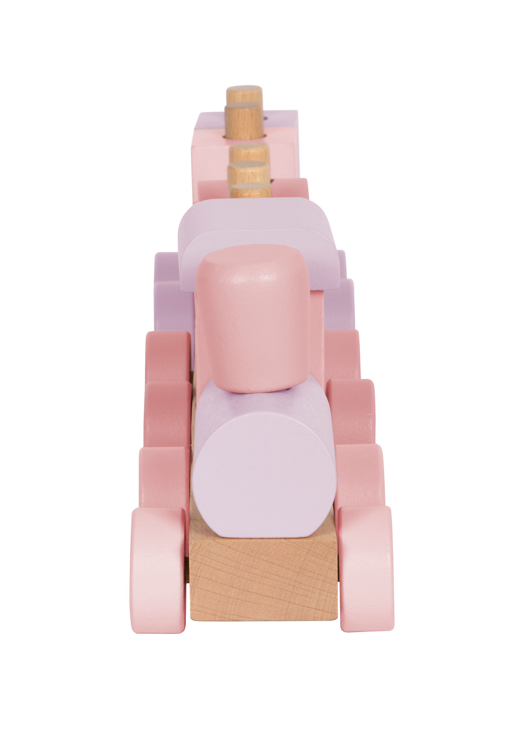 Un tren de bloques de madera en rosa y morado con cilindros de madera.