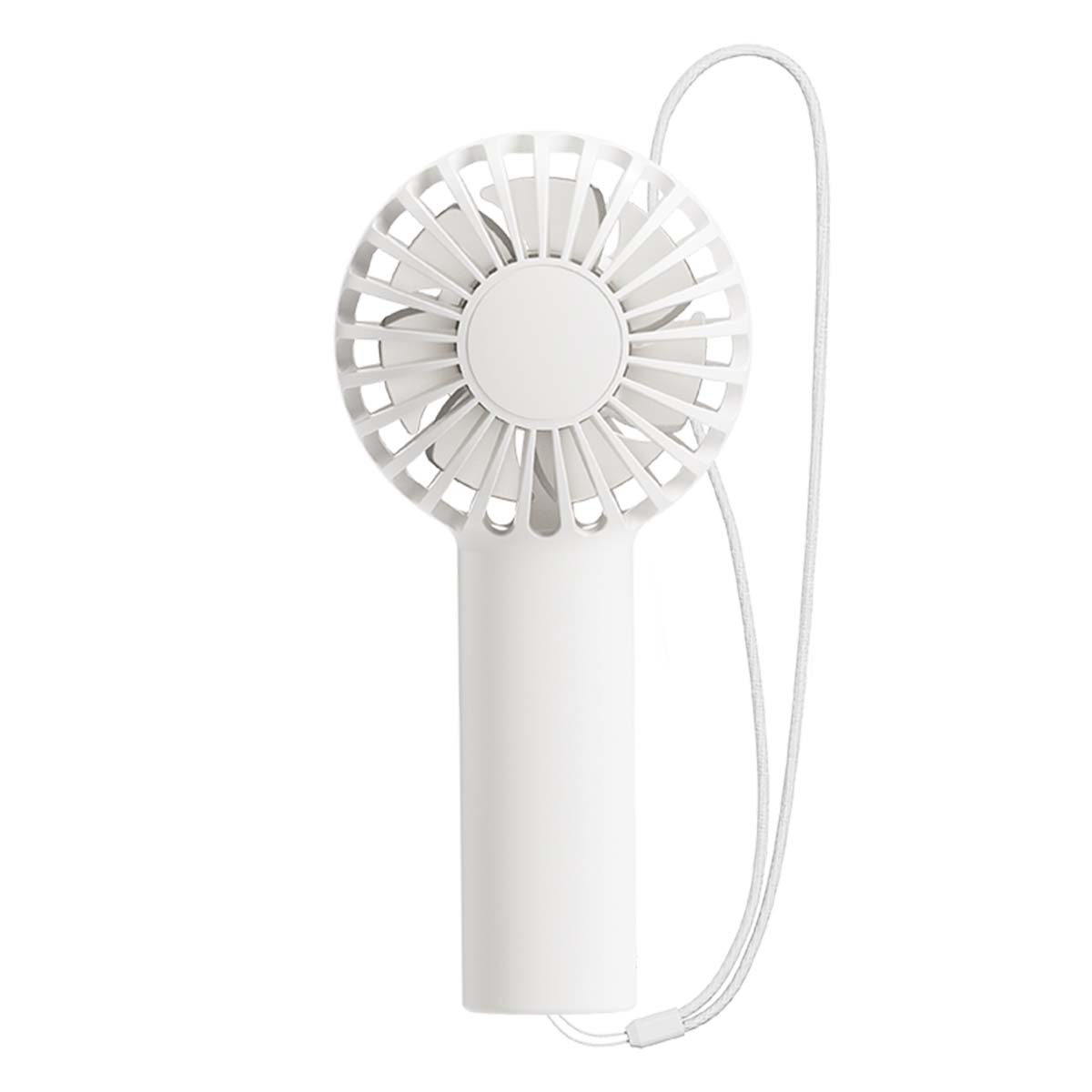 Un ventilatore bianco portatile con manico sottile e testa rotonda.