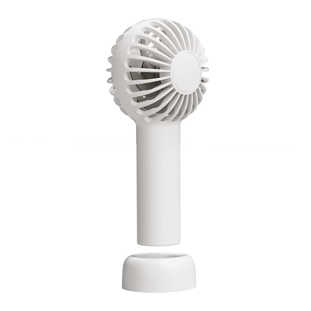 Un mini ventilatore bianco e portatile con testa rotonda e manico.