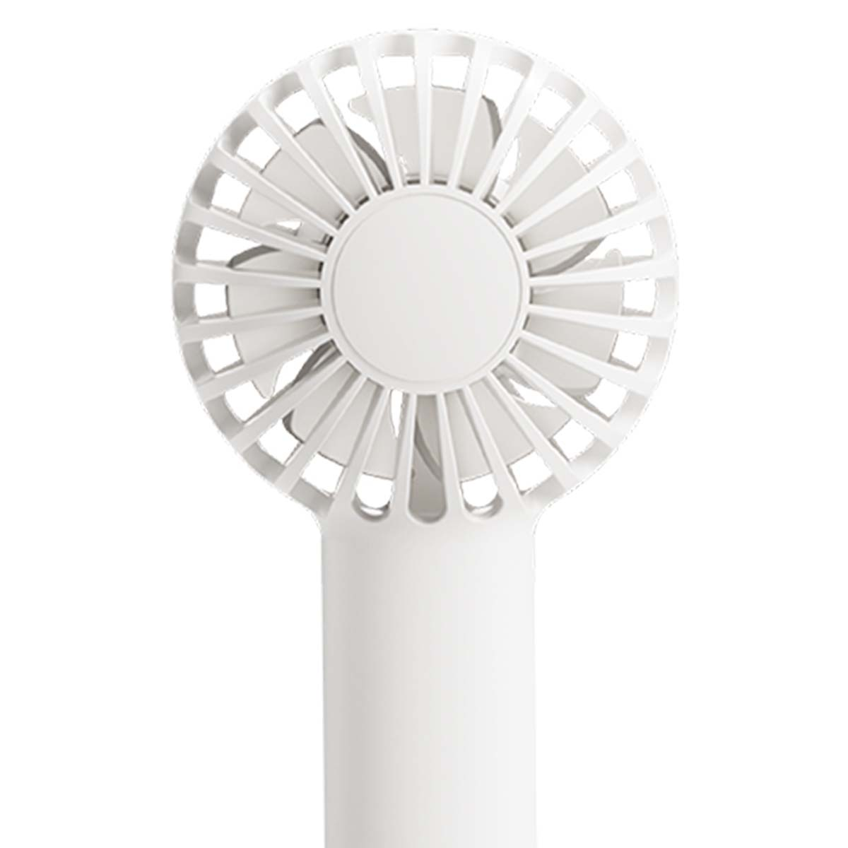 Un ventilatore bianco e portatile con testa rotonda e manico.