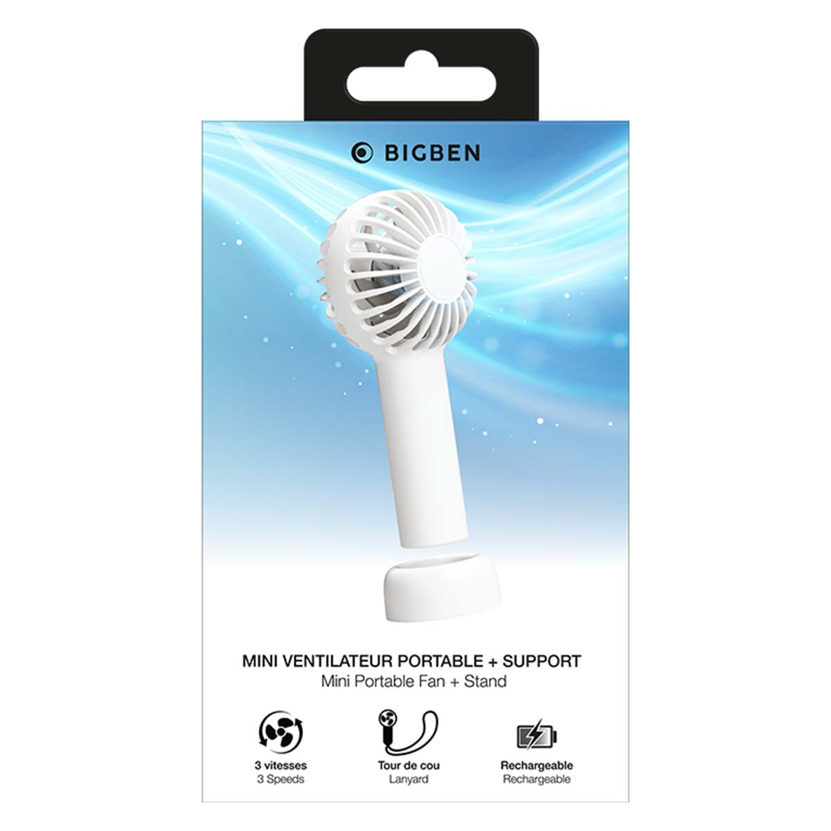 Ventilatore mini portatile bianco Bigben con supporto e laccetto. 3 velocità, ricaricabile.