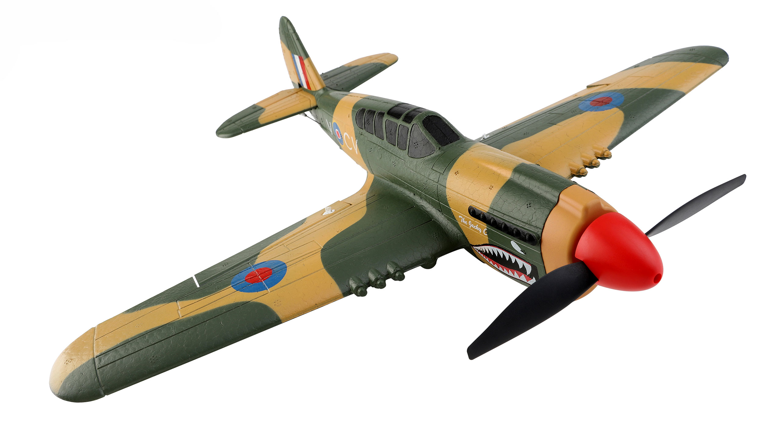 Avion camouflage vert et beige avec nez et hélice rouges, fond blanc.