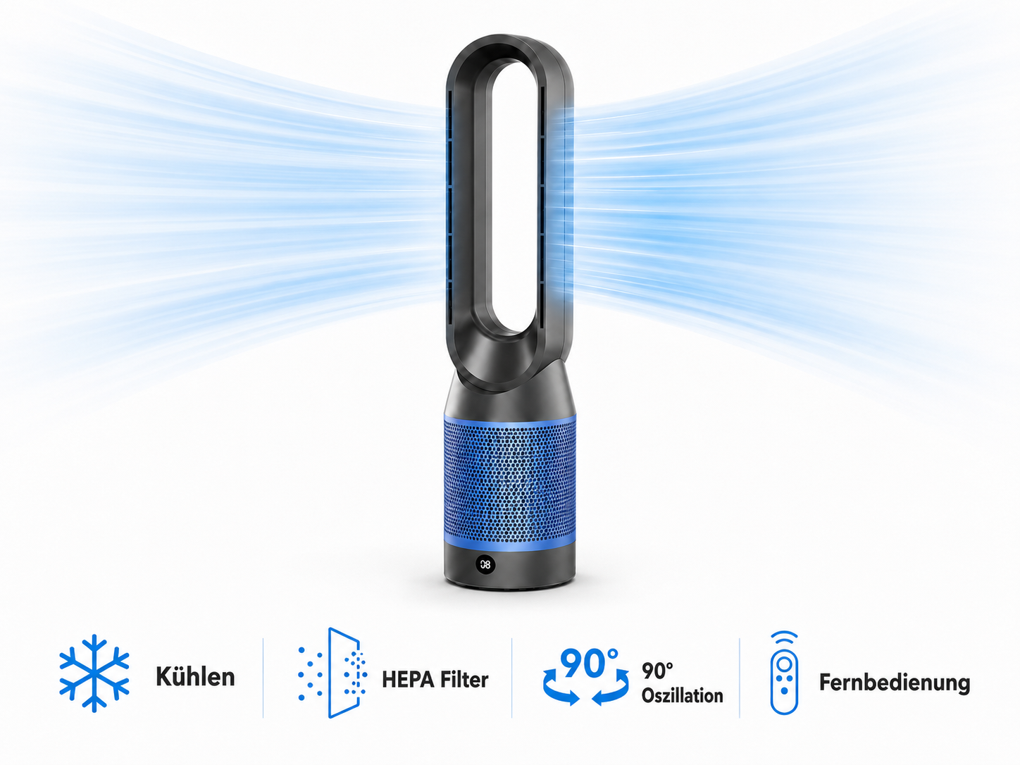 Ein blauer Luftreiniger mit Kühlfunktion, HEPA-Filter, 90° Oszillation und Fernbedienung.