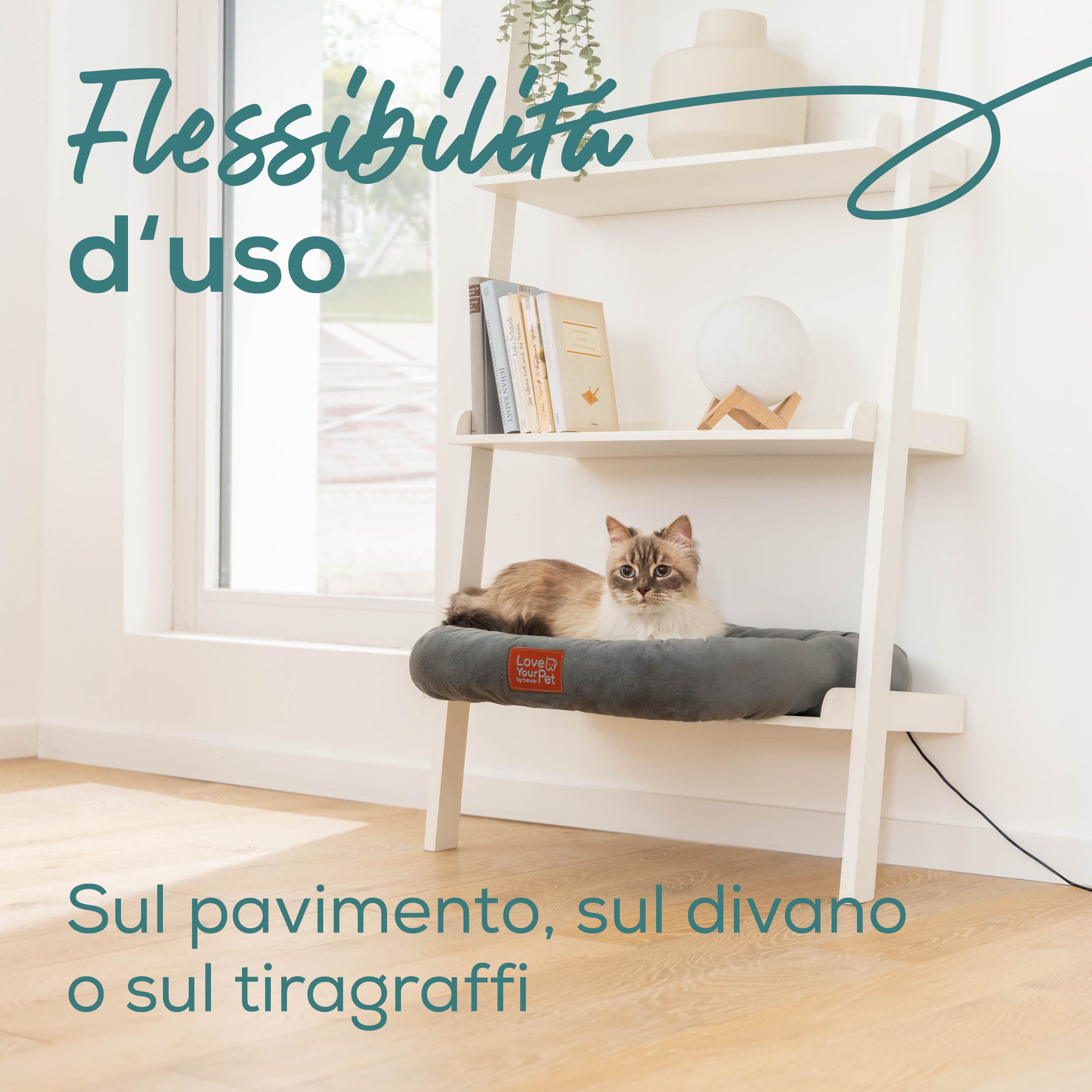 Un gato descansa sobre un cojín gris en un estante. Texto sobre flexibilidad de uso.