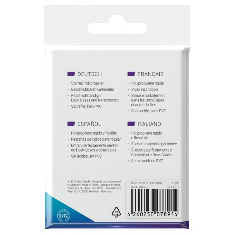 Emballage avec informations produit multilingues pour séparateurs de cartes.