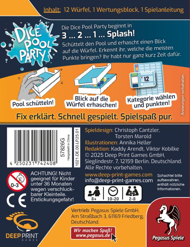 Eine Spielbox für 'Dice Pool Party' mit Abbildungen von Würfeln, einem Wertungsbogen und Spielanleitungen.