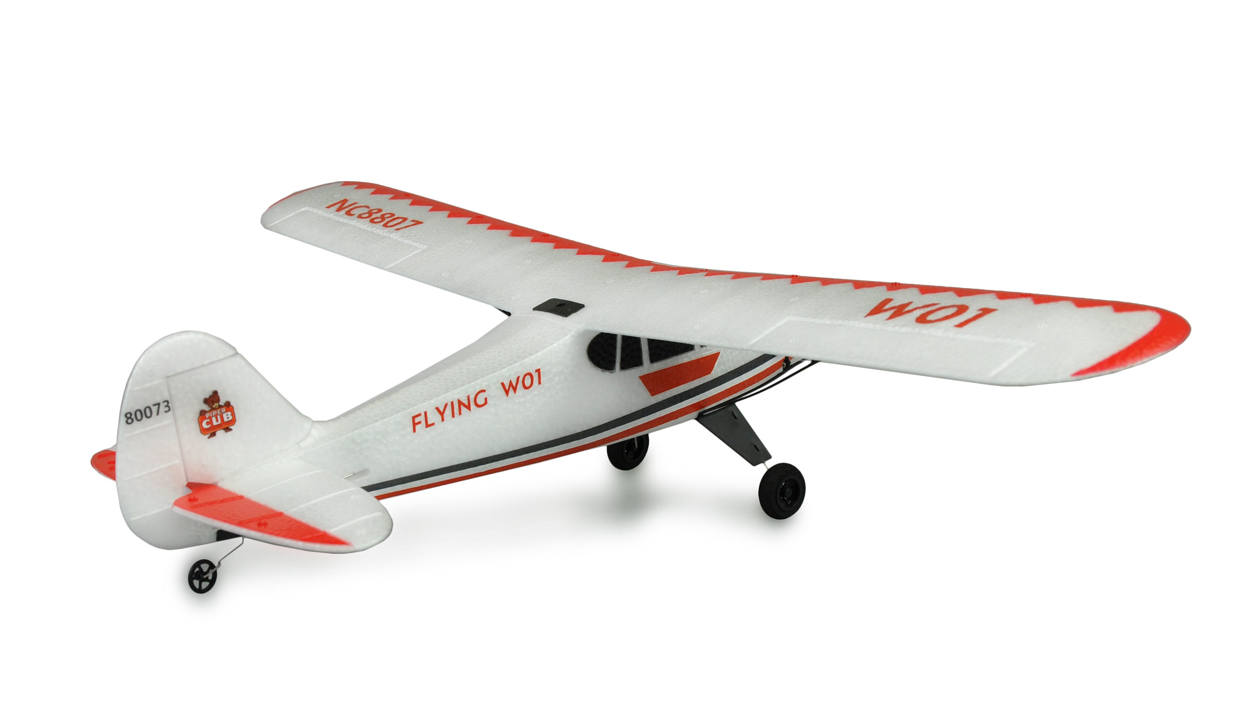 Ein weißes Flugzeugmodell mit roten Akzenten und Aufschriften.