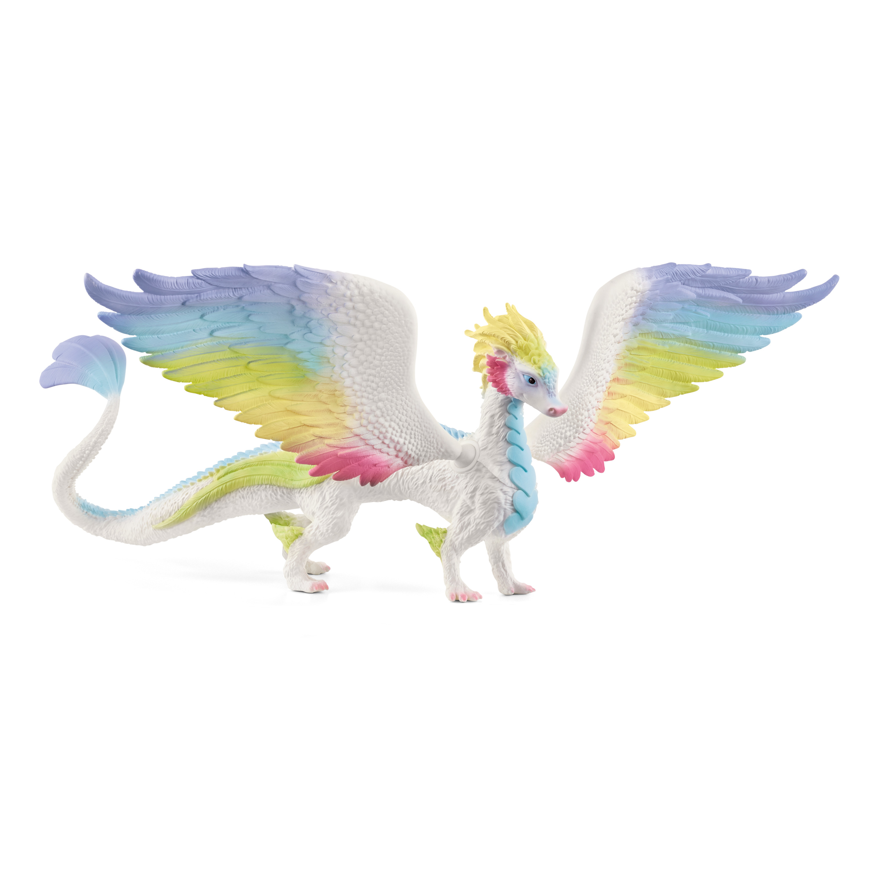 Ein weißer Drache mit Regenbogenflügeln und gelber Mähne steht.