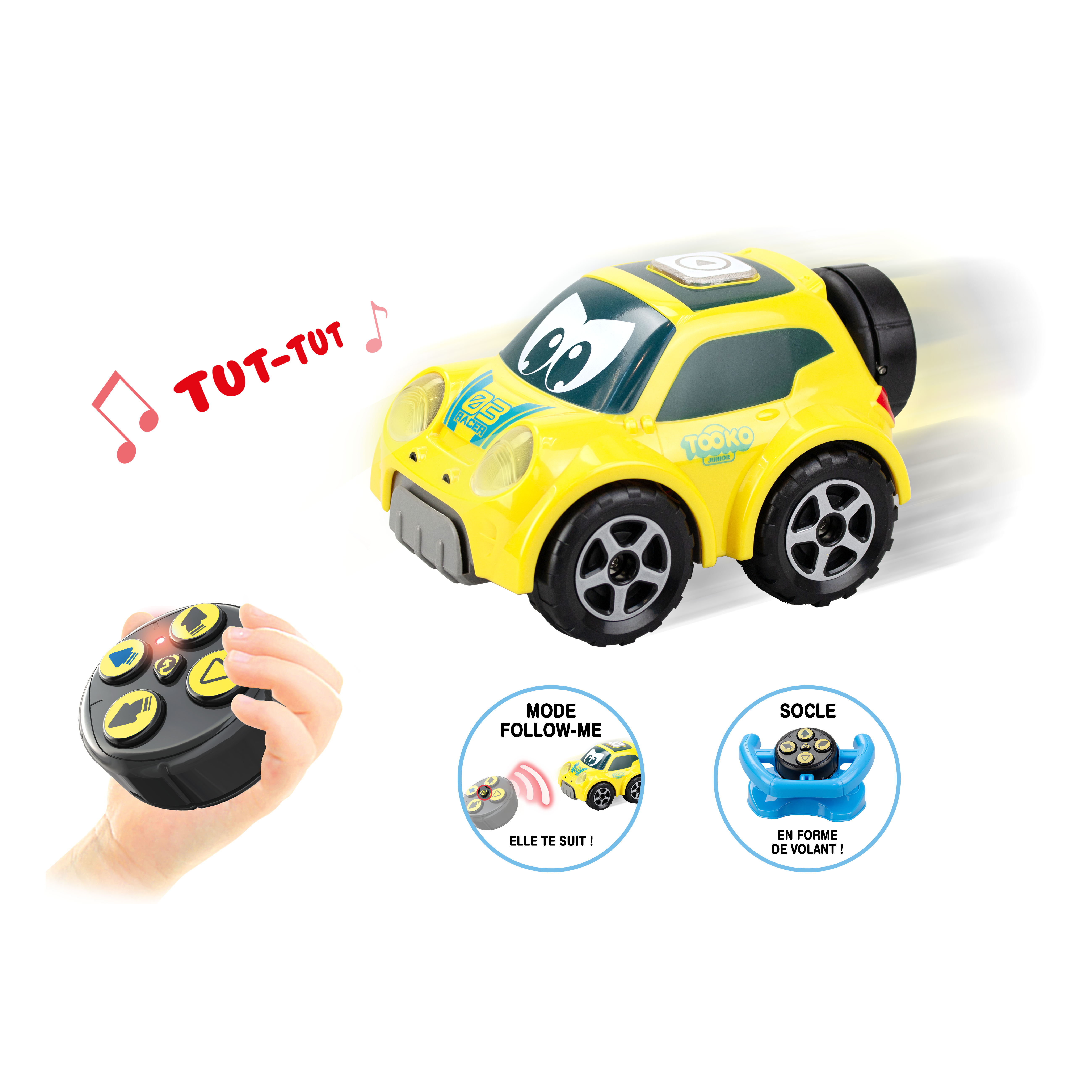 Un coche de juguete amarillo con ojos y mando. Muestra modos 'Sígueme' y 'Volante'.