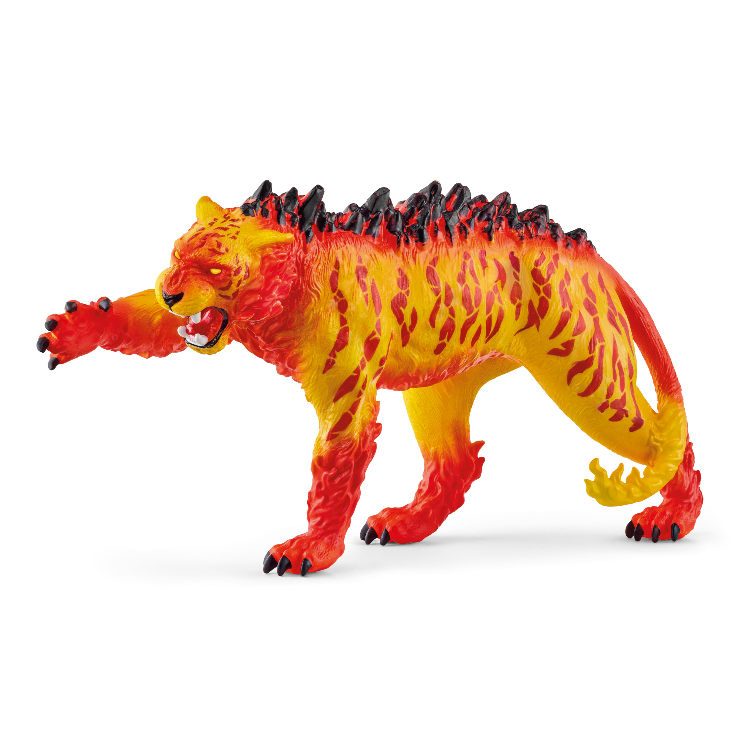 Ein gelb-roter Löwe mit Flammenmuster und schwarzen Stacheln auf dem Rücken.