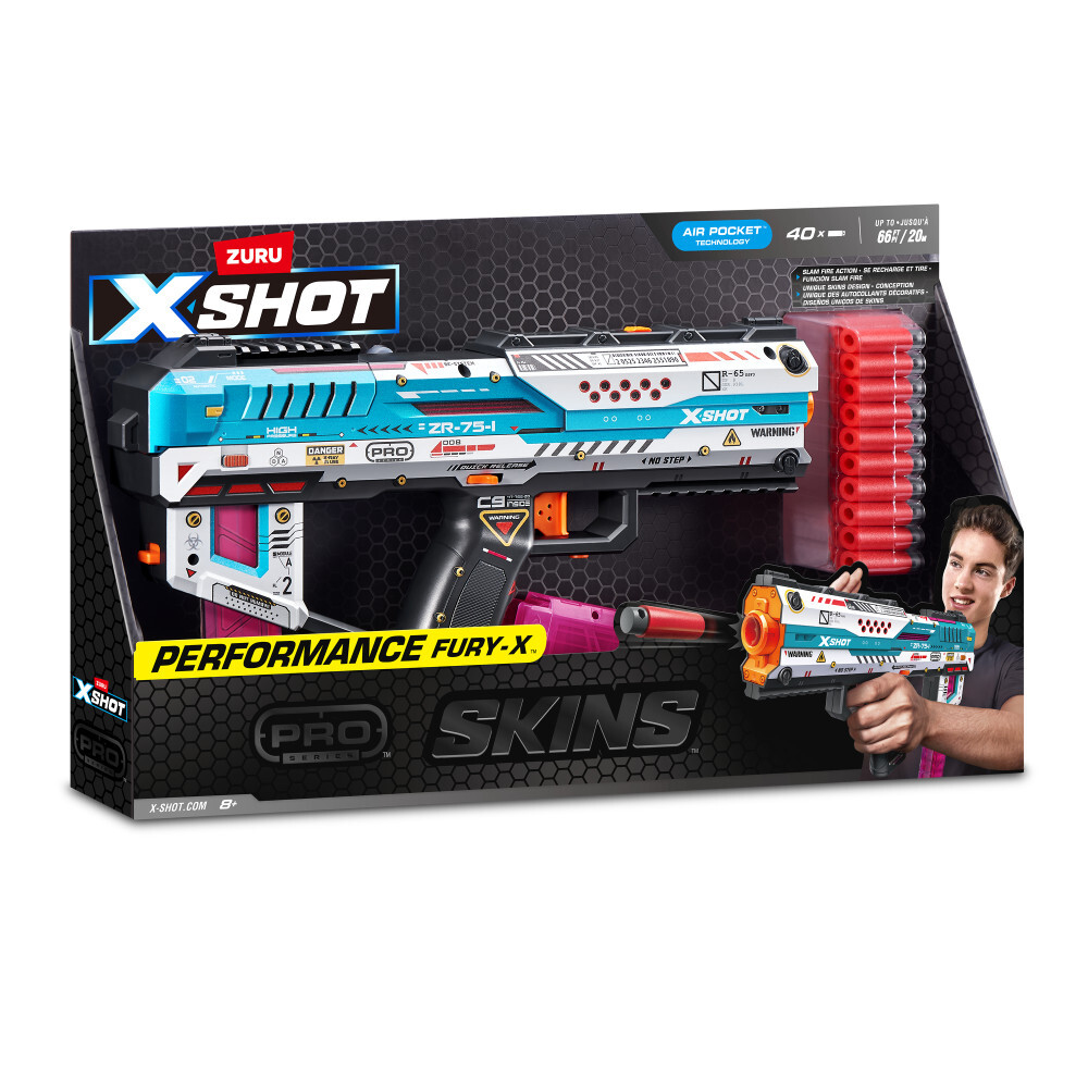 Pistola de juguete X-Shot Performance Fury-X en caja con dardos y niño