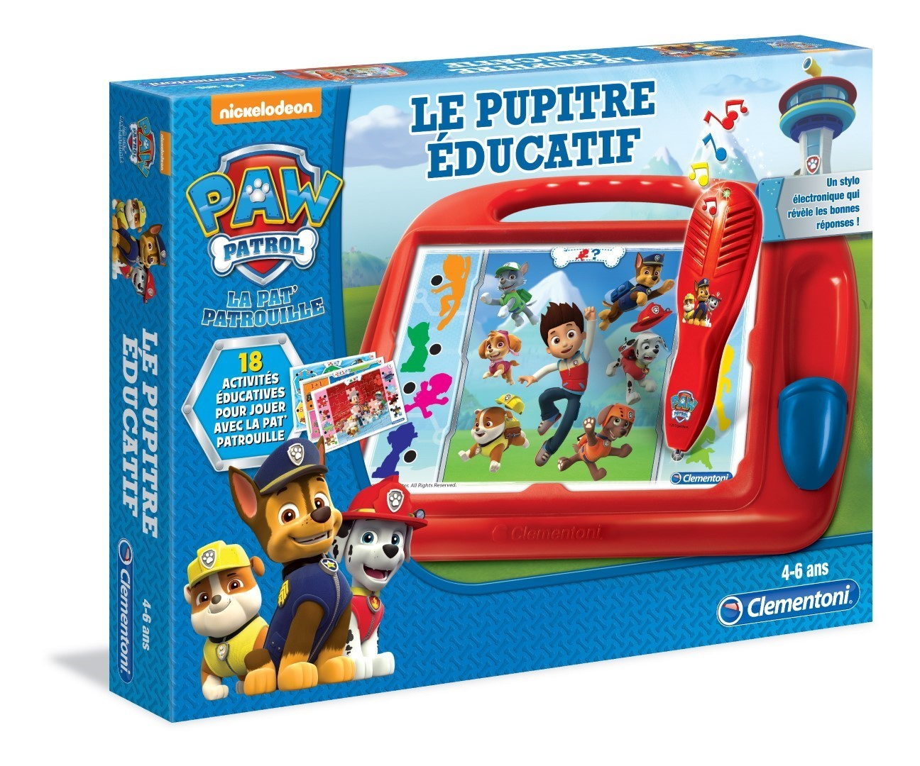 Eine Paw Patrol Lerntisch-Spielzeugbox mit Chase, Marshall und Rubble Charakteren und einem roten Lerntablet.