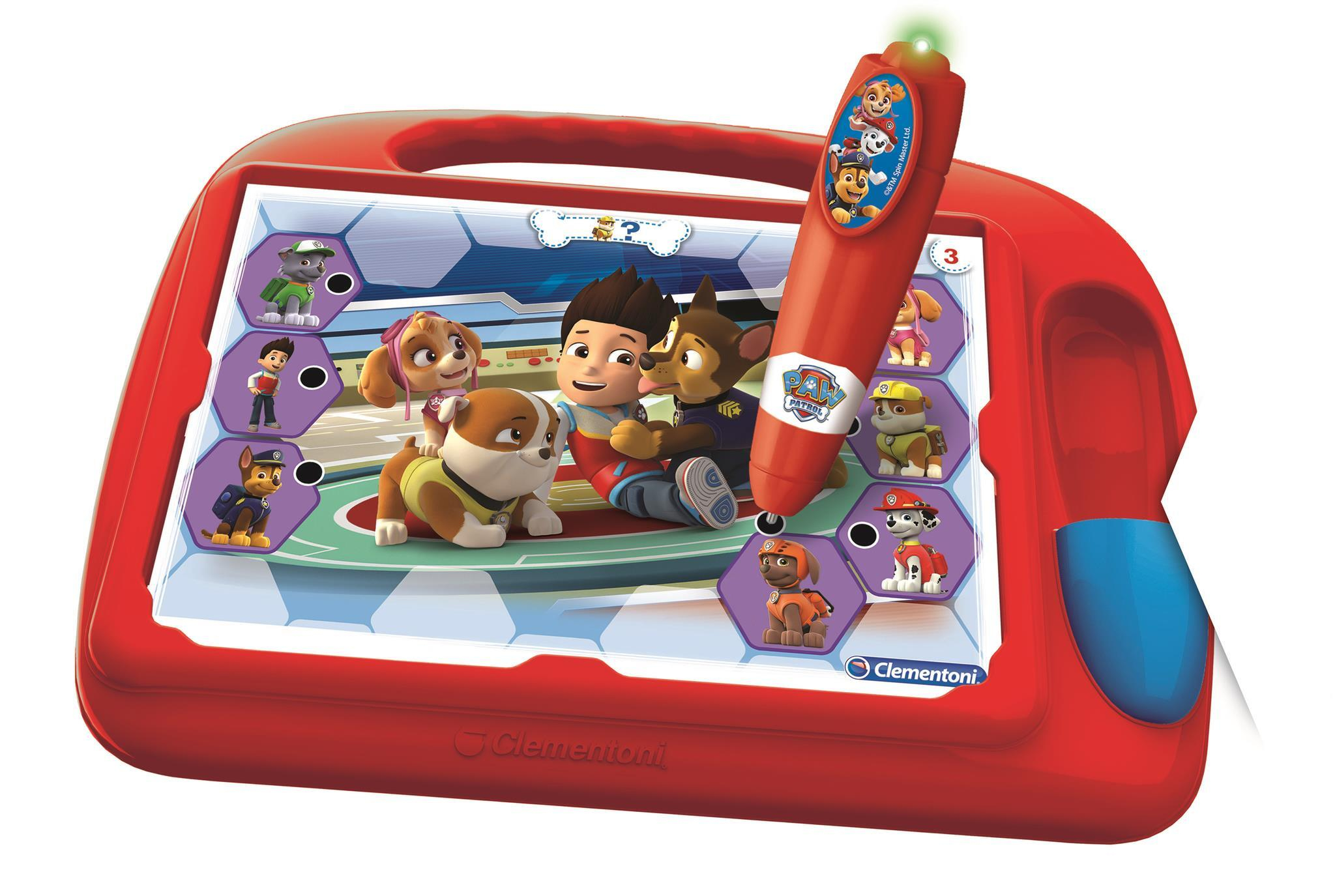Ein rotes elektronisches Spielzeug mit Paw Patrol Charakteren und einem Stift.