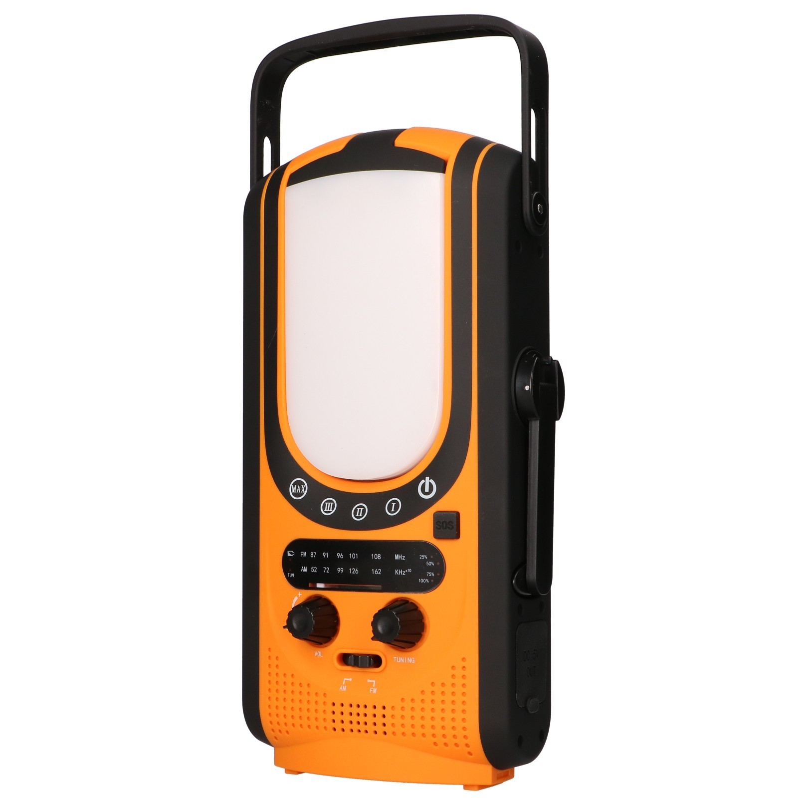 Radio di emergenza arancione e nera con maniglia, luce e controlli.