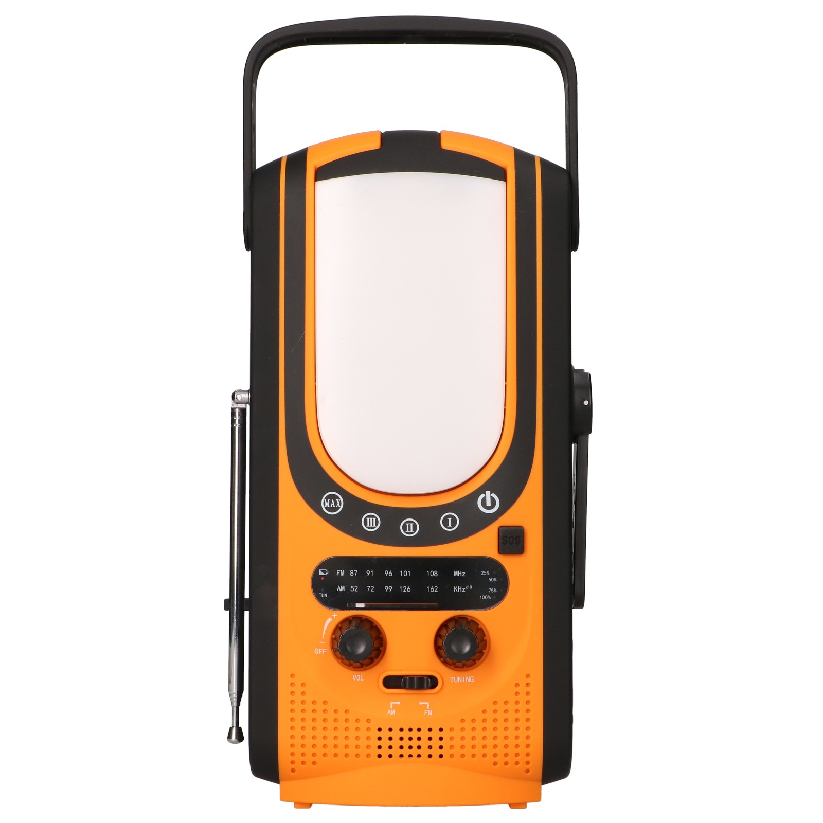 Una radio di emergenza arancione e nera con manico, luce, manopole e antenna.