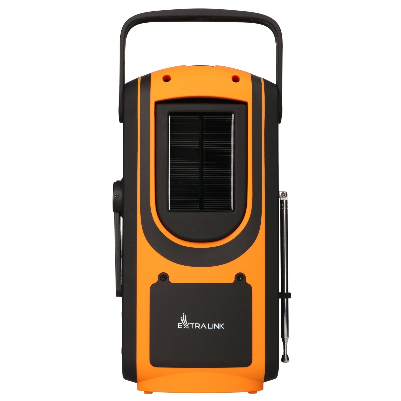 Radio di emergenza arancione e nera con pannello solare e antenna. Sfondo bianco.