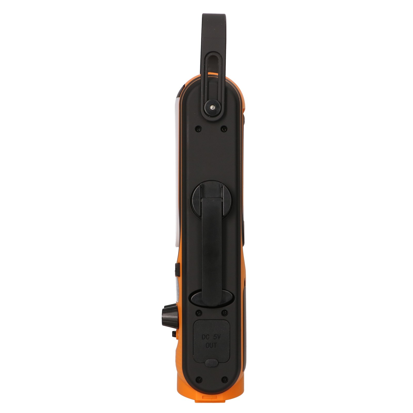 Torcia arancione e nera con manico nero ed etichetta DC 5V OUT.