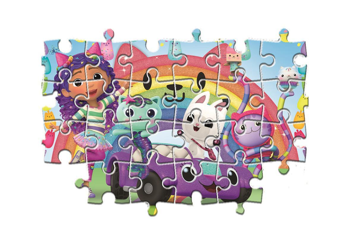 Puzzle przedstawiające Gabby z Domku dla Lalek Gabby z postaciami kotów w fioletowym samochodzie na tle tęczy.