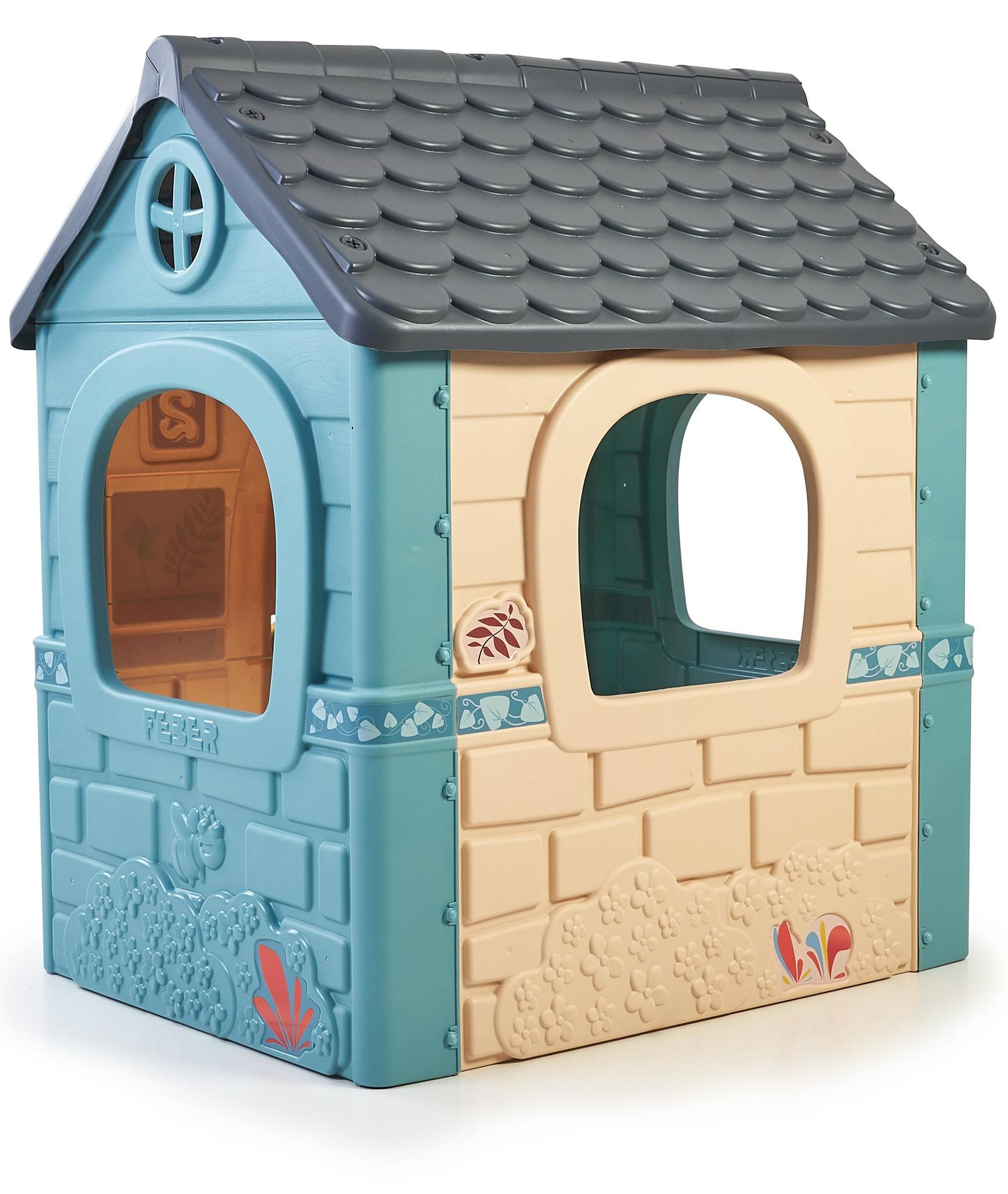 Una casa giochi blu e beige con tegole grigie e finestre.