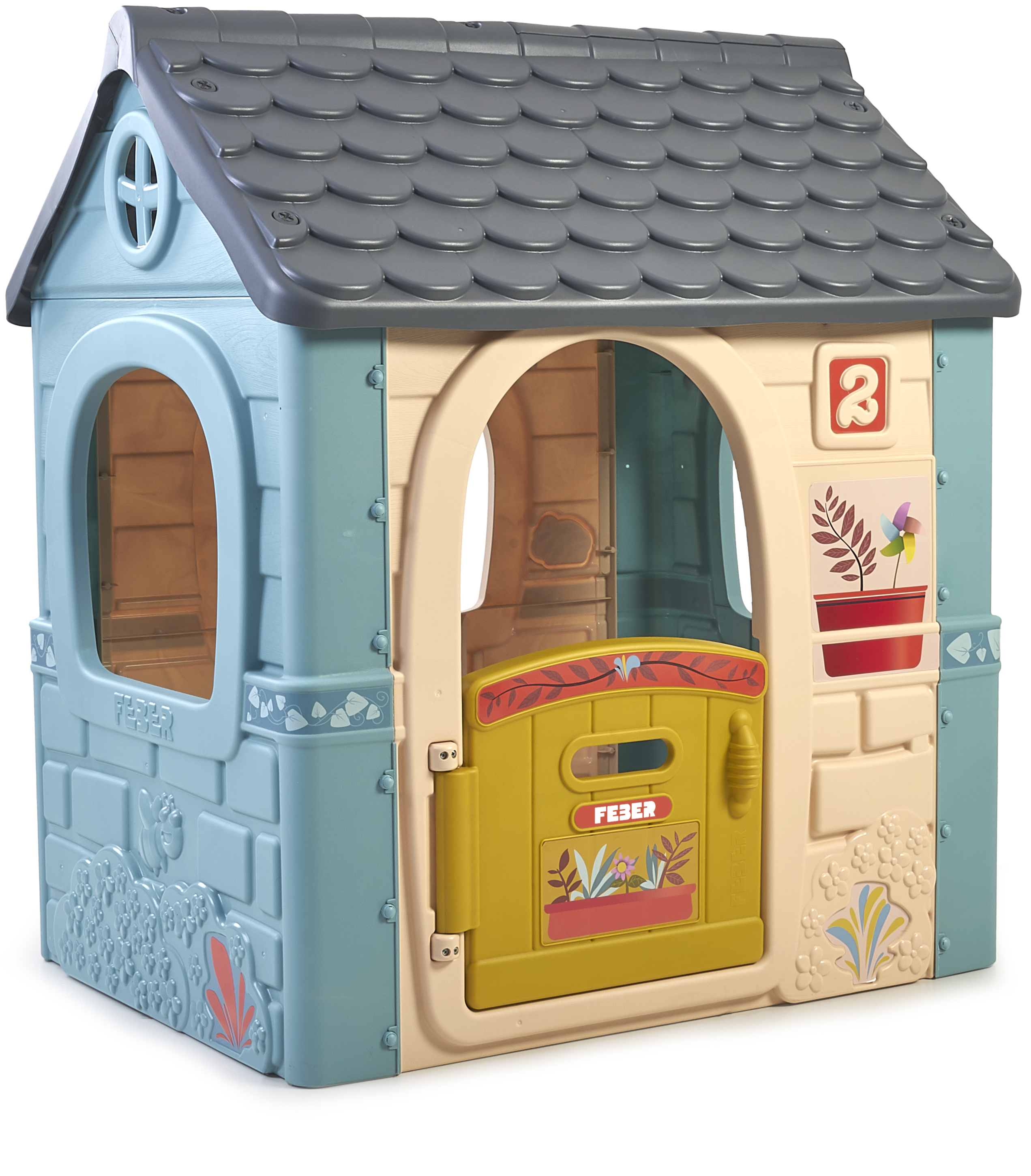 Una casa giochi in plastica blu e beige con porta gialla.