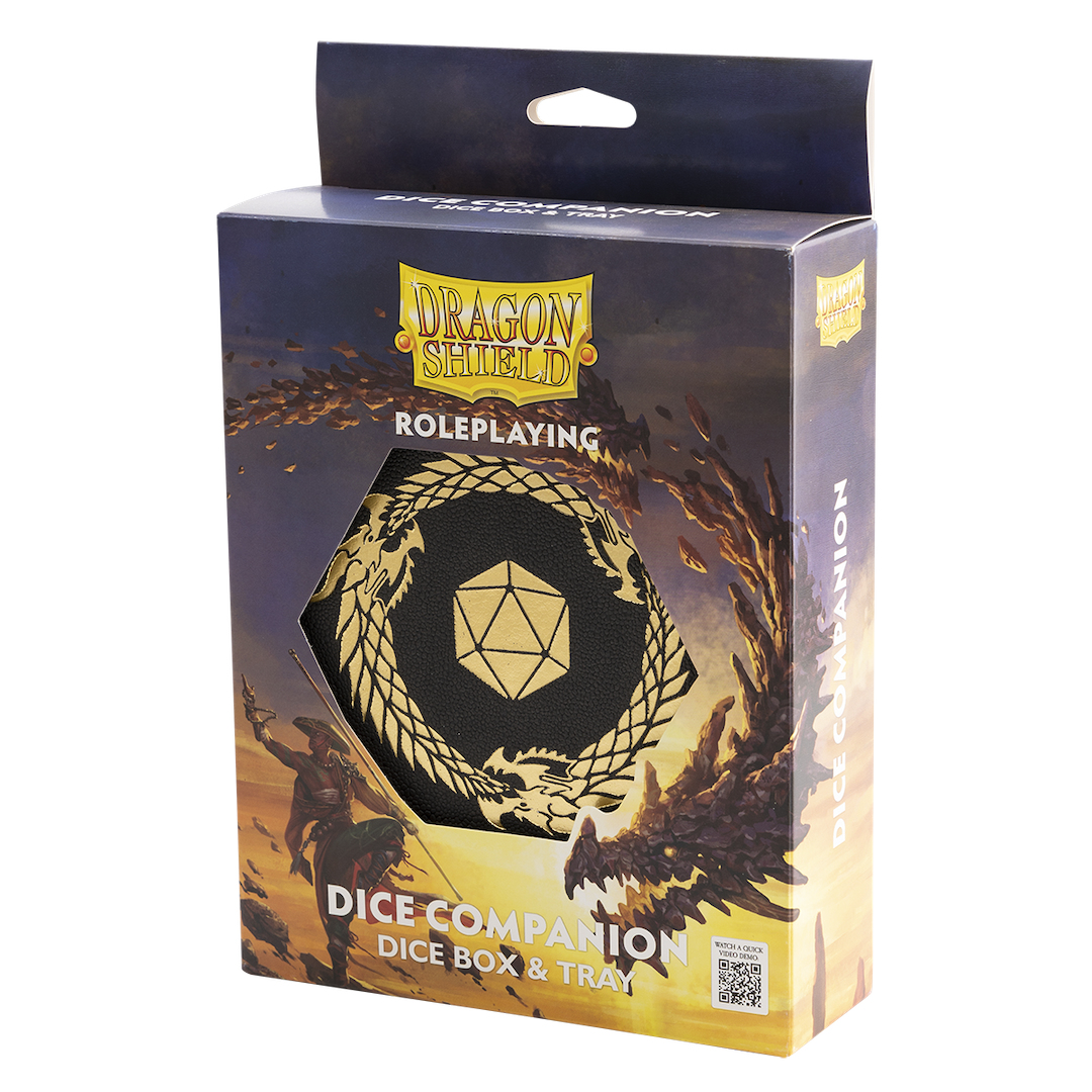Dragon Shield Rollenspiel Würfelbox mit Drachenmotiv und Würfel.