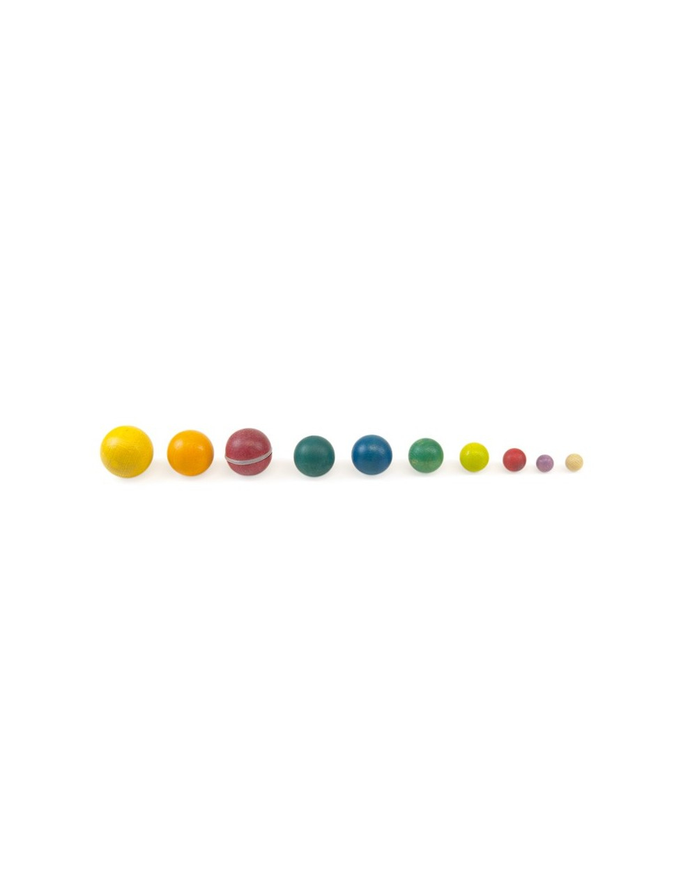 Una fila de nueve bolas de diferentes tamaños y colores.