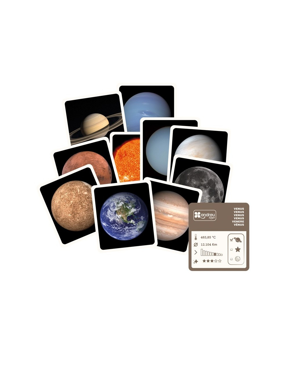 Imágenes de planetas y el sol, con una tarjeta informativa.