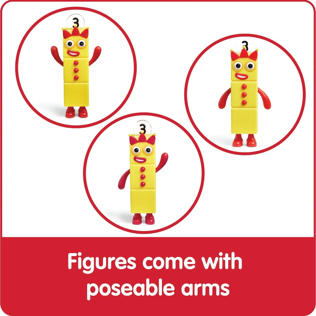 Drei gelbe Spielfiguren mit Nummer 3 und roten Armen.