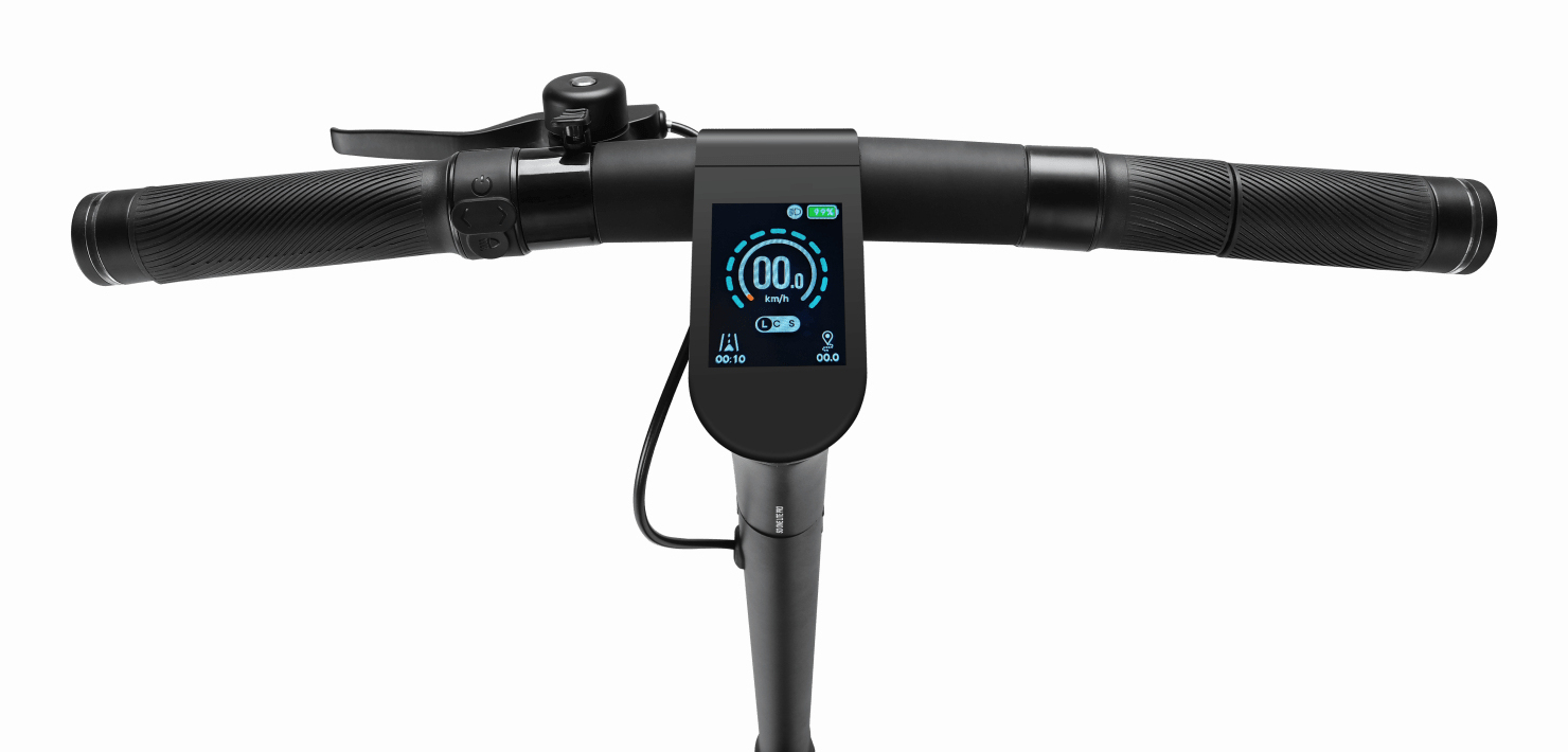 Lenker eines E-Scooters mit Display, Griffen und Klingel.