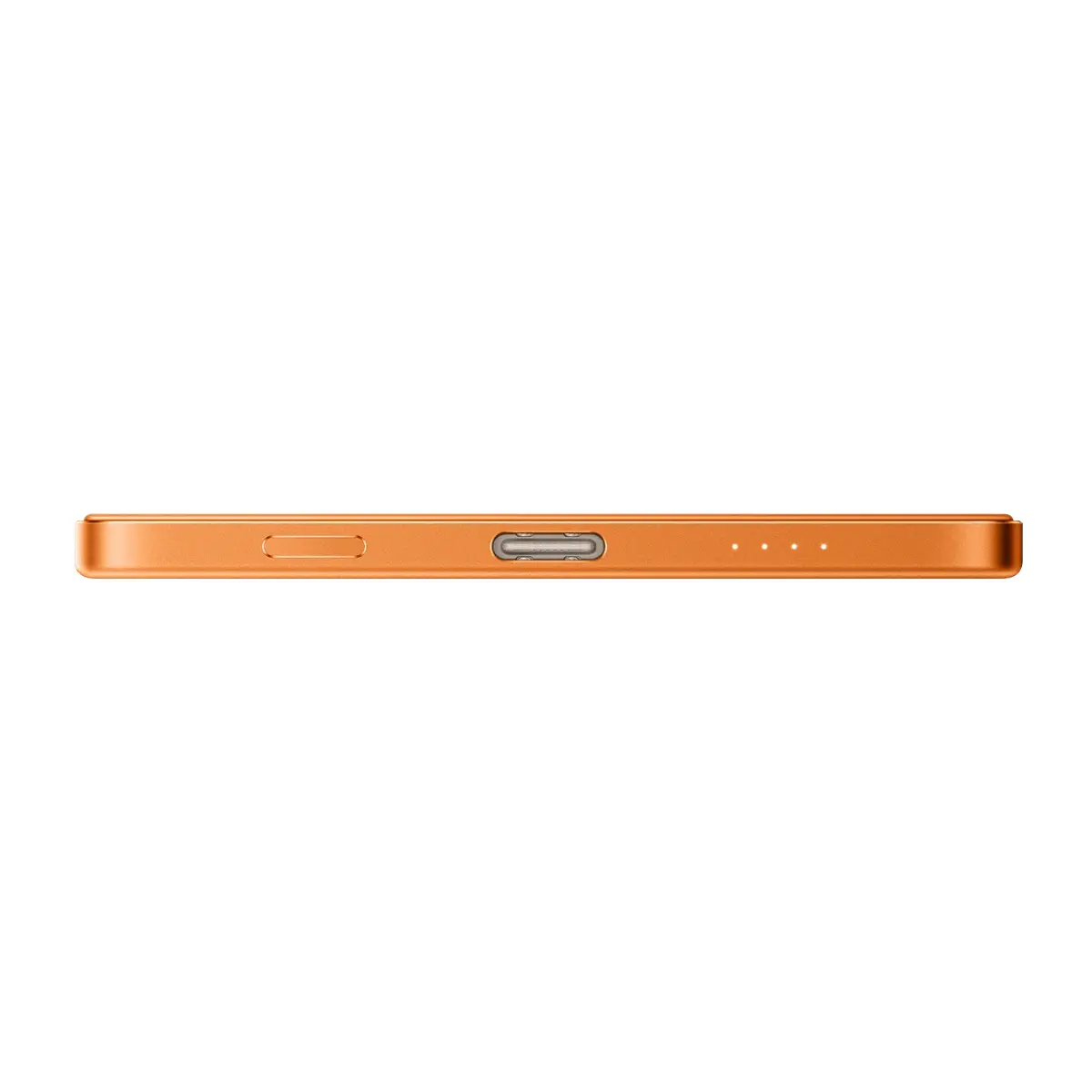 Primer plano del borde inferior de un smartphone naranja, mostrando puerto de carga y botones.