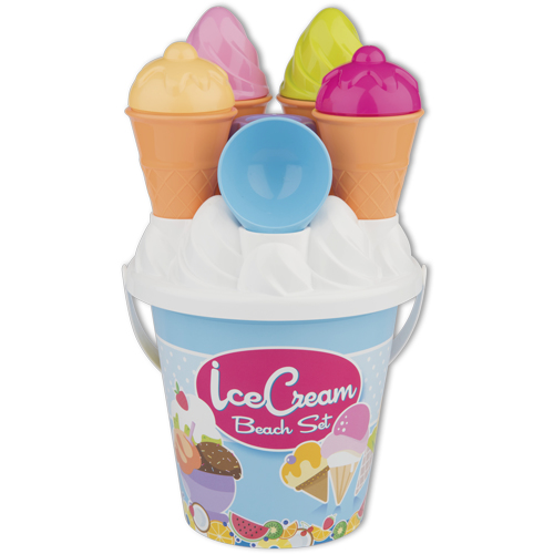 Un secchiello blu con disegni di gelato e quattro formine per sabbia a forma di gelato.