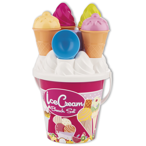 Un secchiello rosa per set da spiaggia a forma di gelato con stampi per coni colorati e una paletta blu.