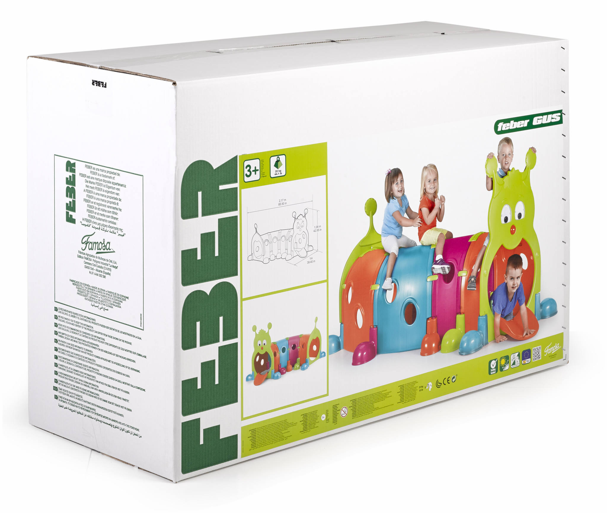 Caja de una estructura de juego de oruga Feber colorida para niños, con pegatinas e información de seguridad.