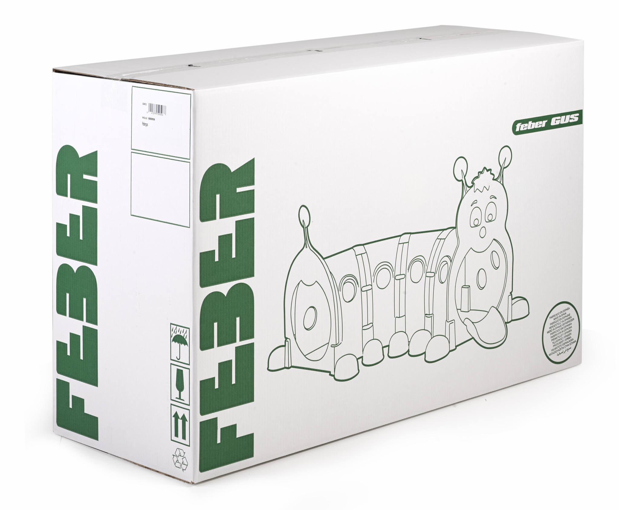 Caja blanca con oruga verde y texto FEBER. Con símbolos.