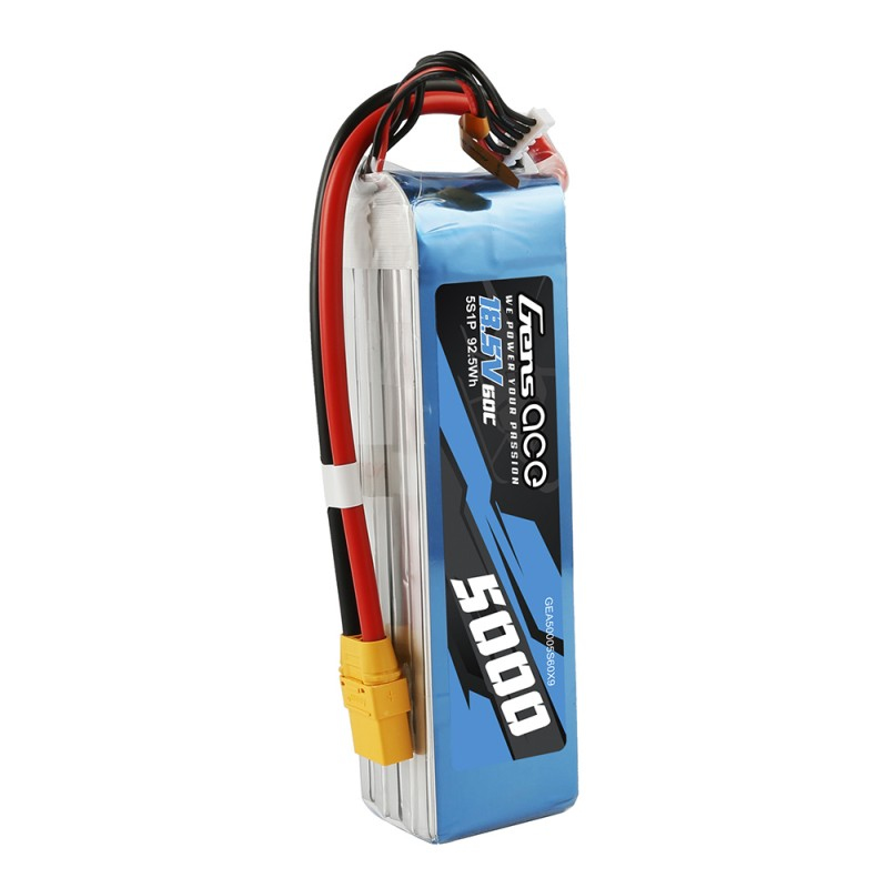 Niebieska bateria Gens Ace 18.5V 5000mAh 5S1P 60C LiPo z czerwonymi i czarnymi przewodami.