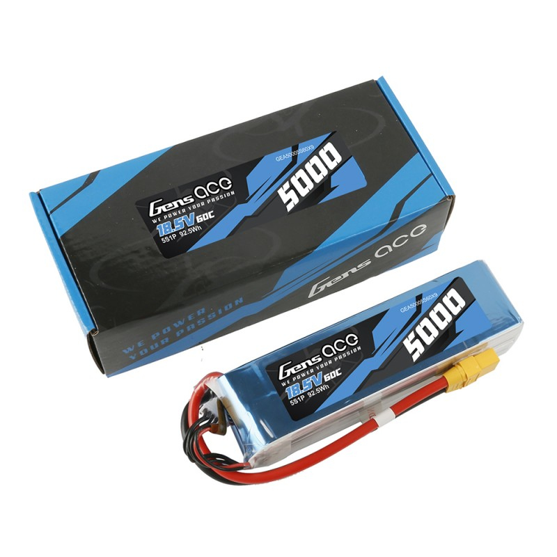 Bateria LiPo Gens Ace 5000mAh 18.5V 60C obok niebieskiego opakowania.
