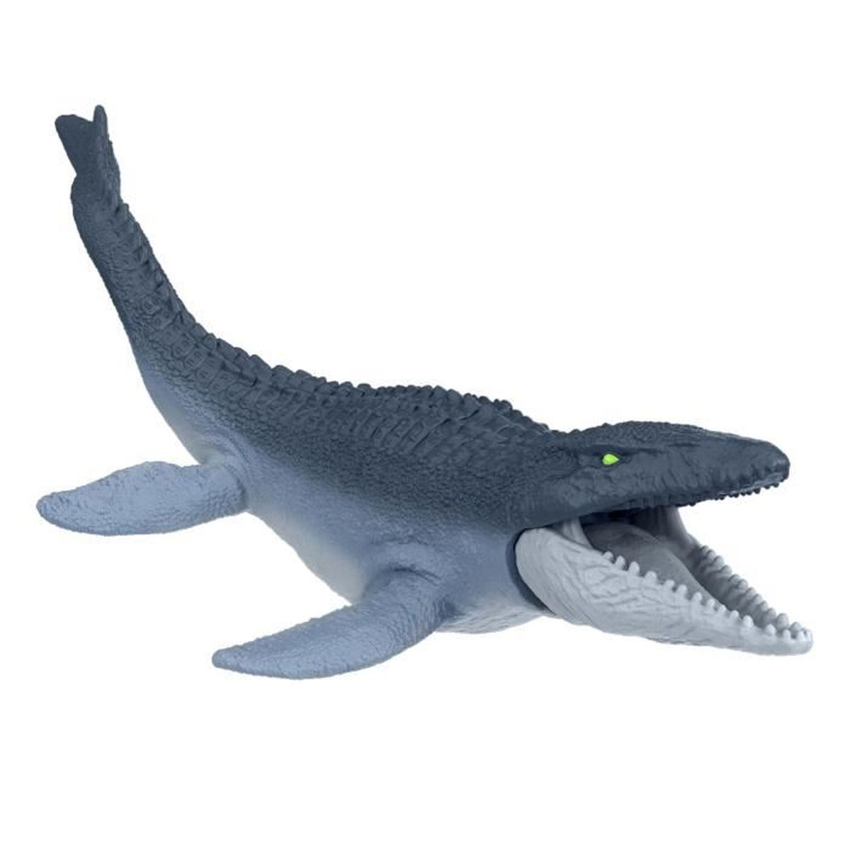 Een grijsblauw speelgoed zeereptiel met open bek en groene ogen.