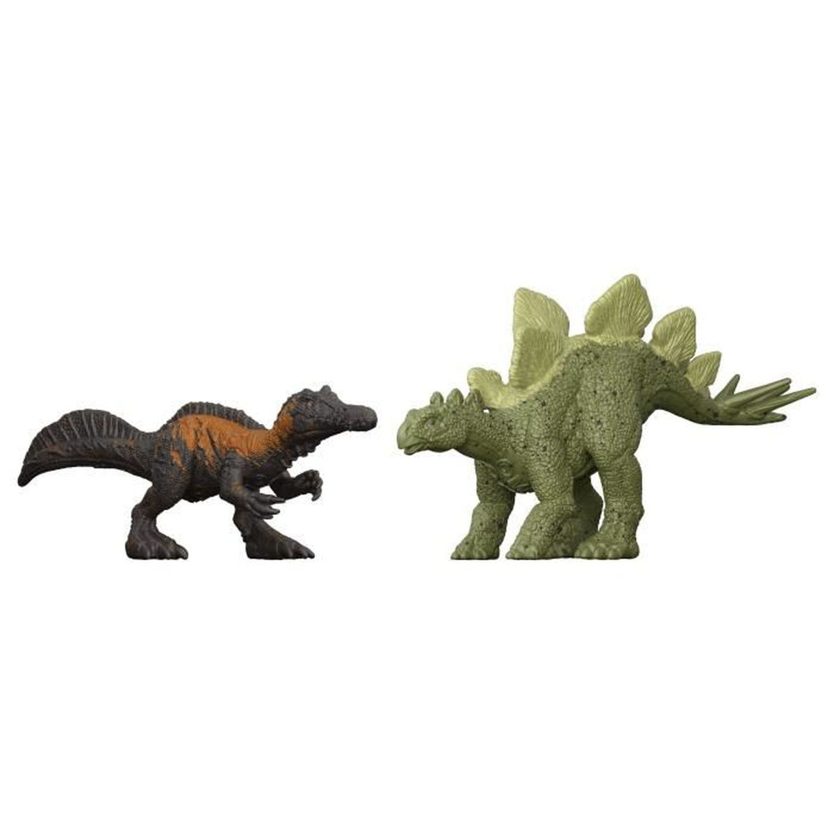 Een donkerbruine dinosaurus met oranje accenten en een groene dinosaurus.