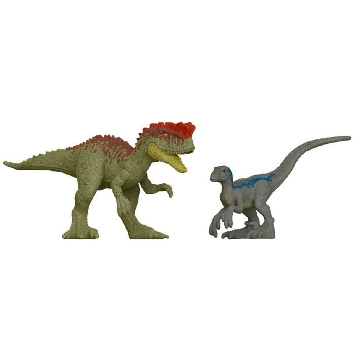 Een groene dinosaurus met een rode kuif staat tegenover een kleinere grijs met blauwe strepen dinosaurus.