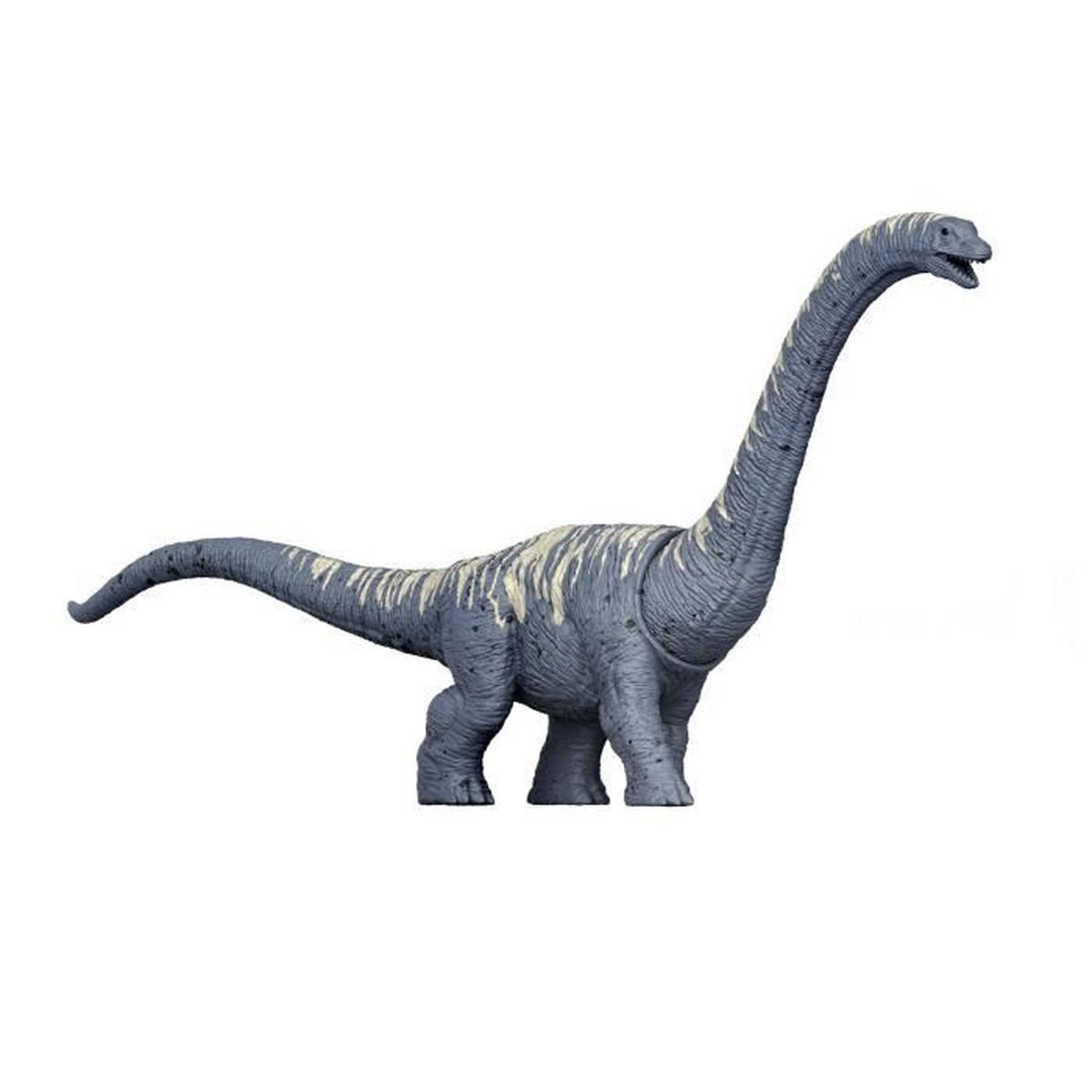 Grijs dinosaurusfiguur met lange nek en gele strepen.